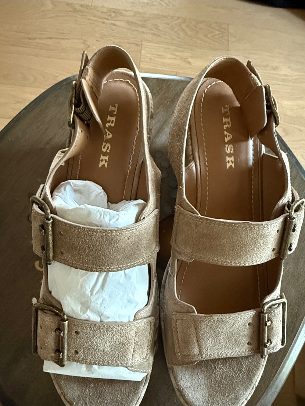 Trask Tan Suede Double-Buckle Sandals Patsy Taupe Suede with Dust bags and box